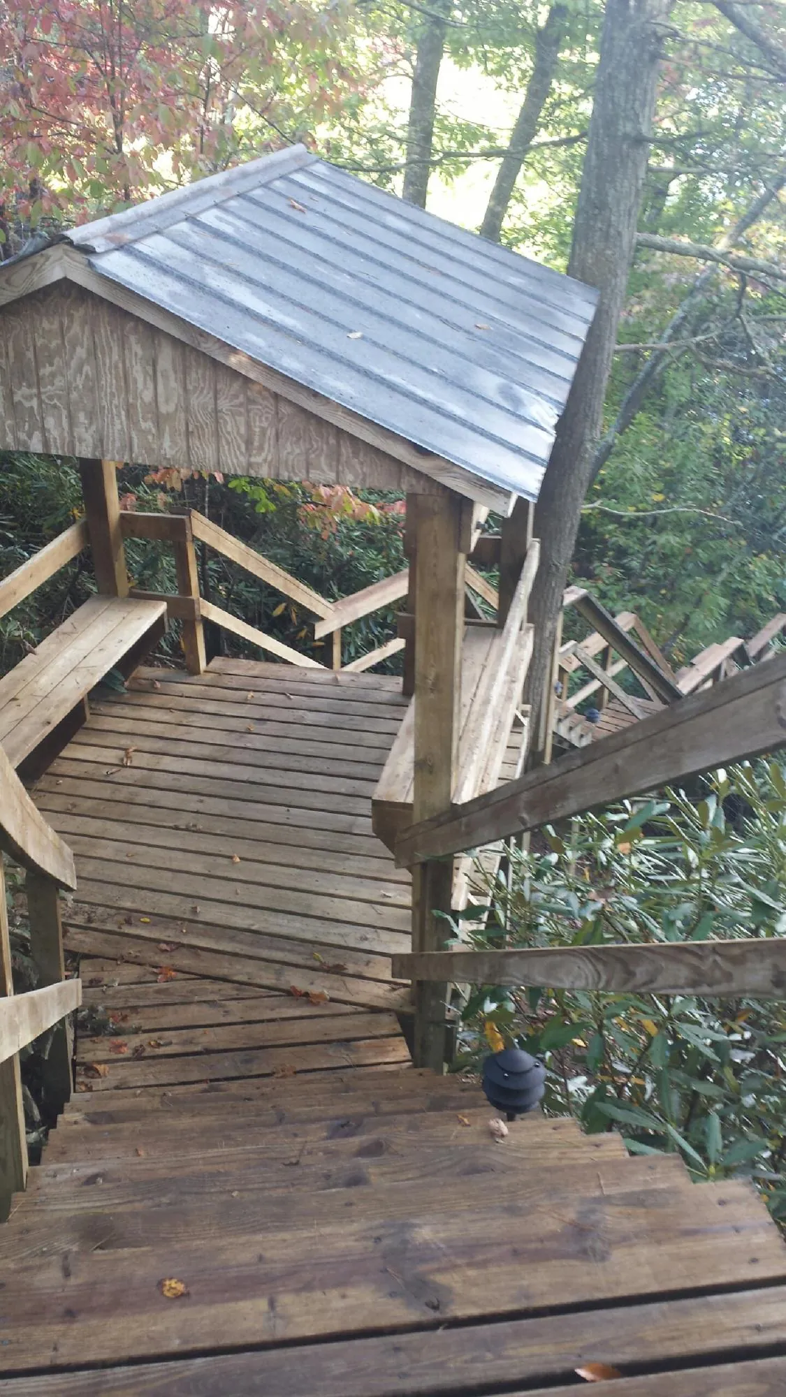 Metal roofed shelter over wooden steps on a wooded walkway — Skylight Repair & Installation work by our crew in Burnett
